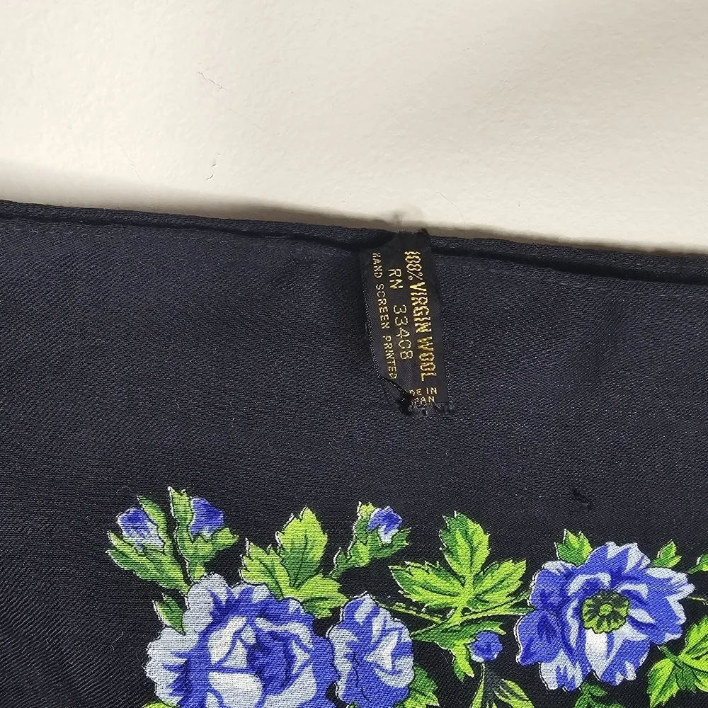 Virgin Wool Japanese Floral Embroidered Black, Purple and Green Scarf 28x28